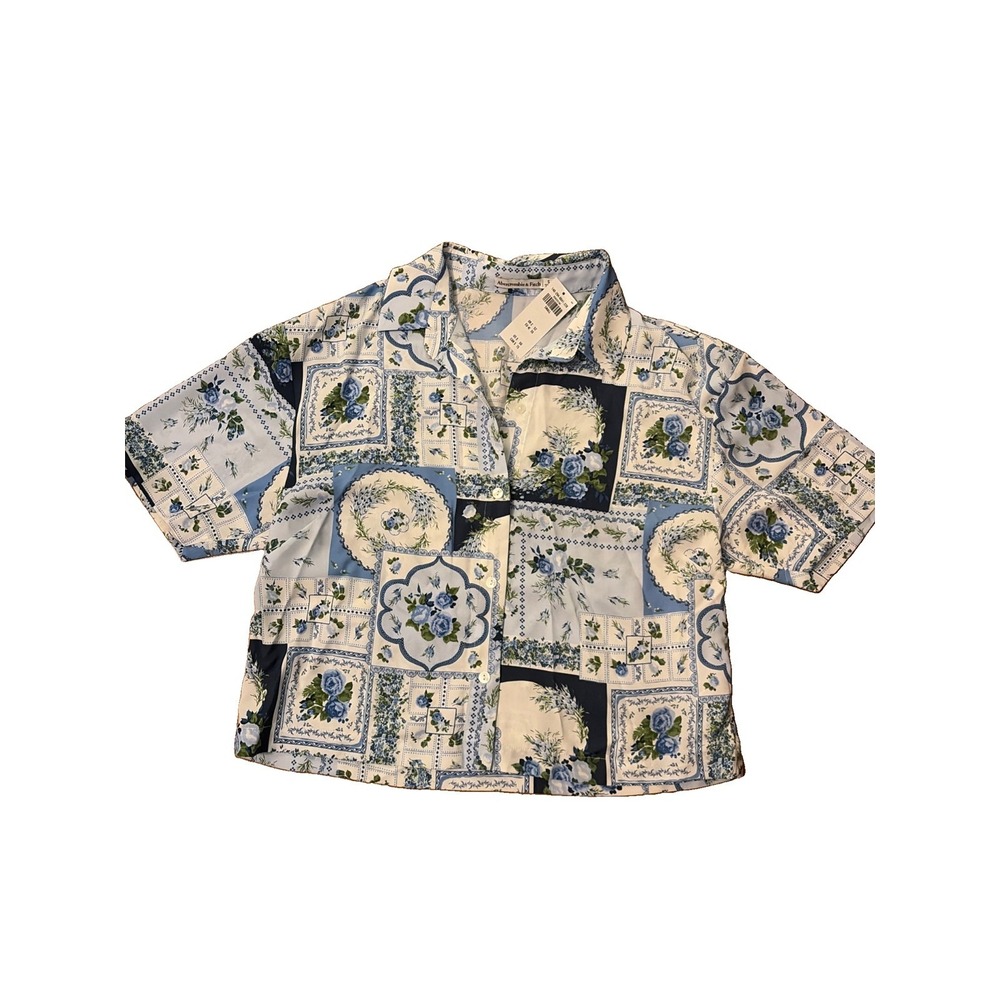Abercrombie & Fitch Blue Patchwork Floral Cropped Boxy Button Front Shirt Small